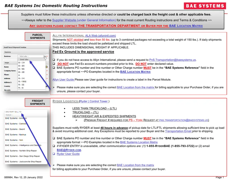 BAE Systems Domestic and International Routing Instructions