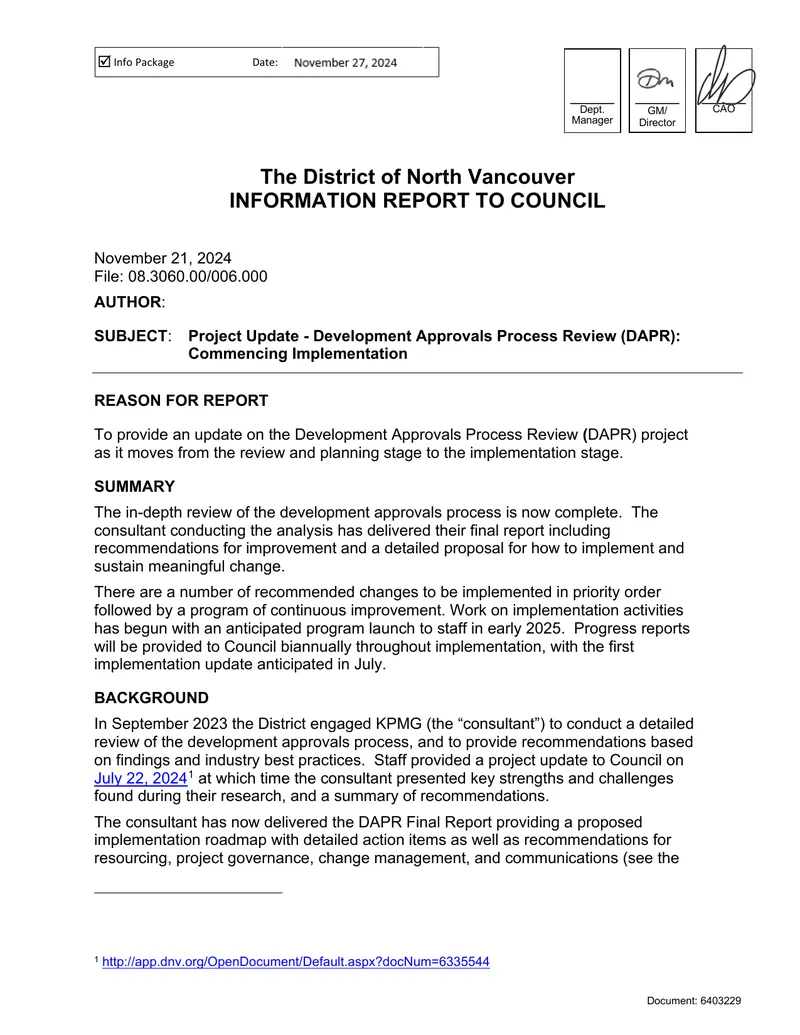 Project Update on Development Approvals Process Review