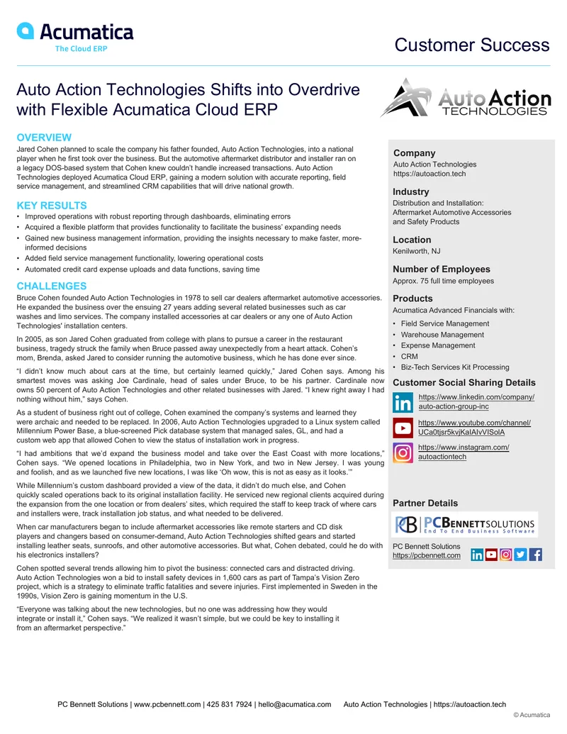 Auto Action Technologies Implements Acumatica Cloud ERP