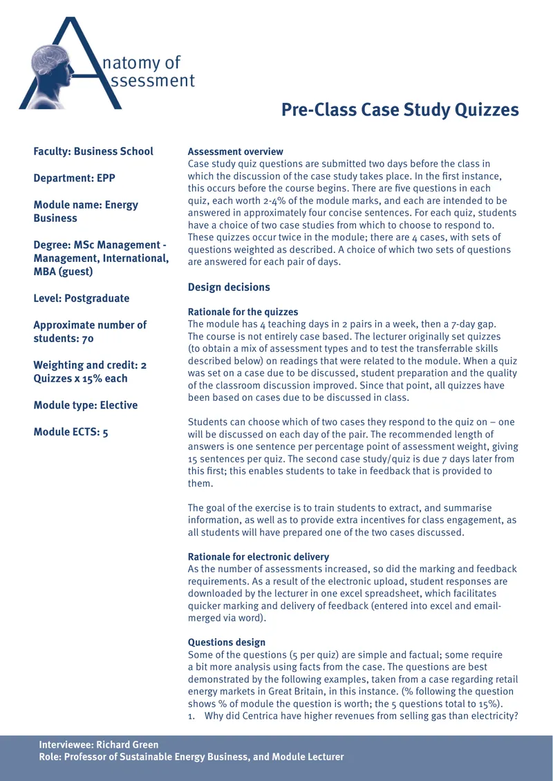 Pre-Class Case Study Quiz Framework