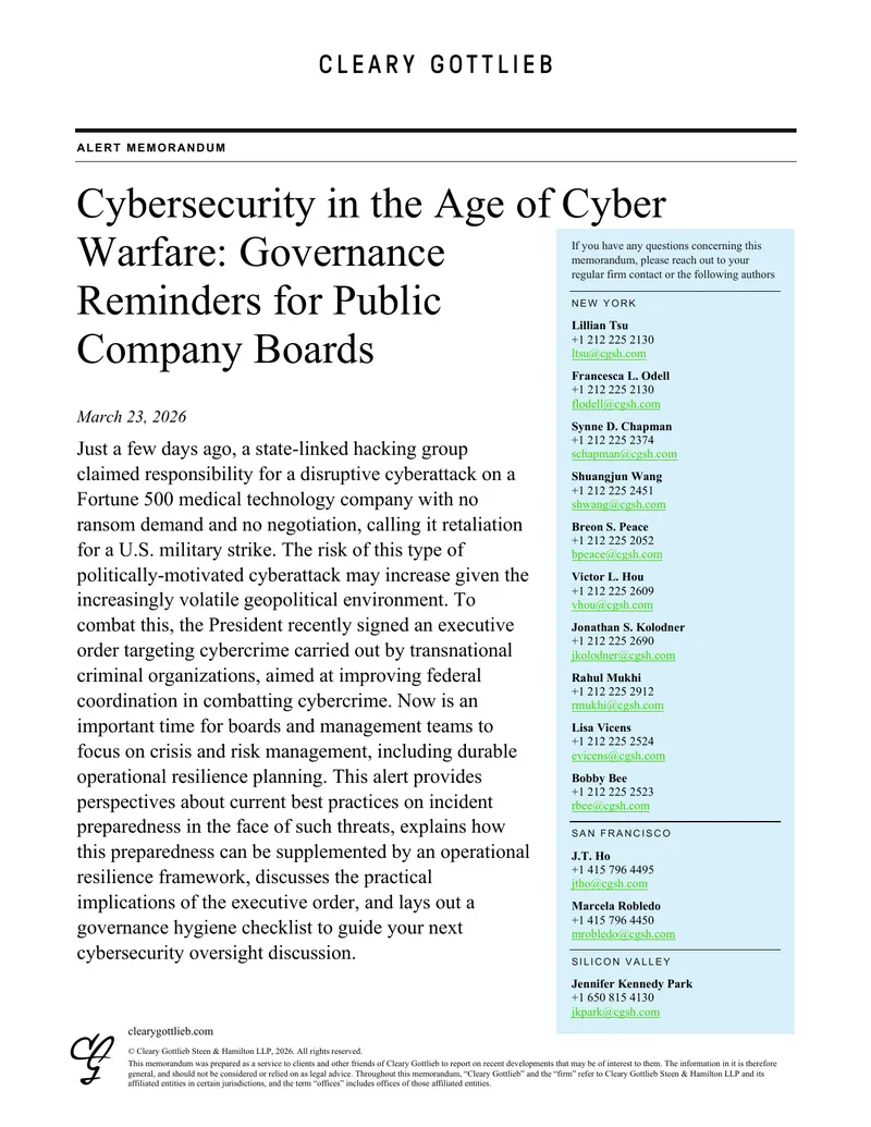 Cybersecurity Governance Reminders for Public Company Boards