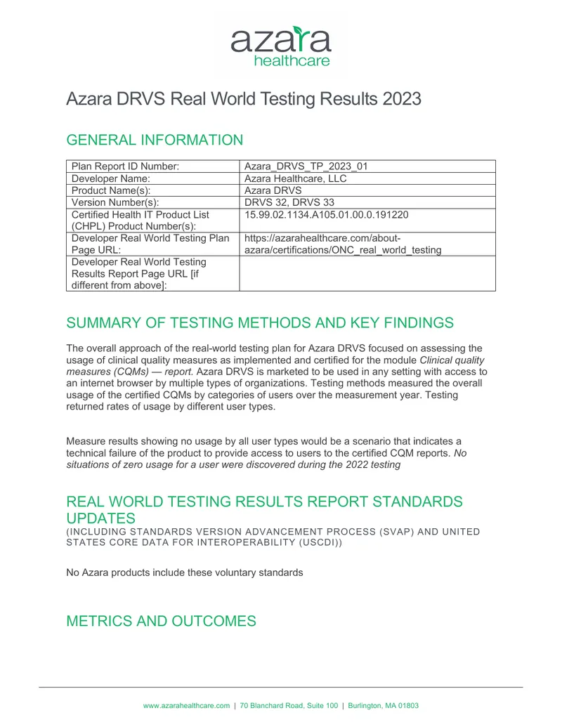Azara DRVS Real World Testing Results 2023