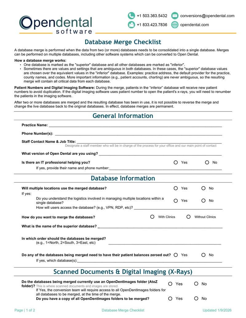 Database Merge Checklist for Open Dental