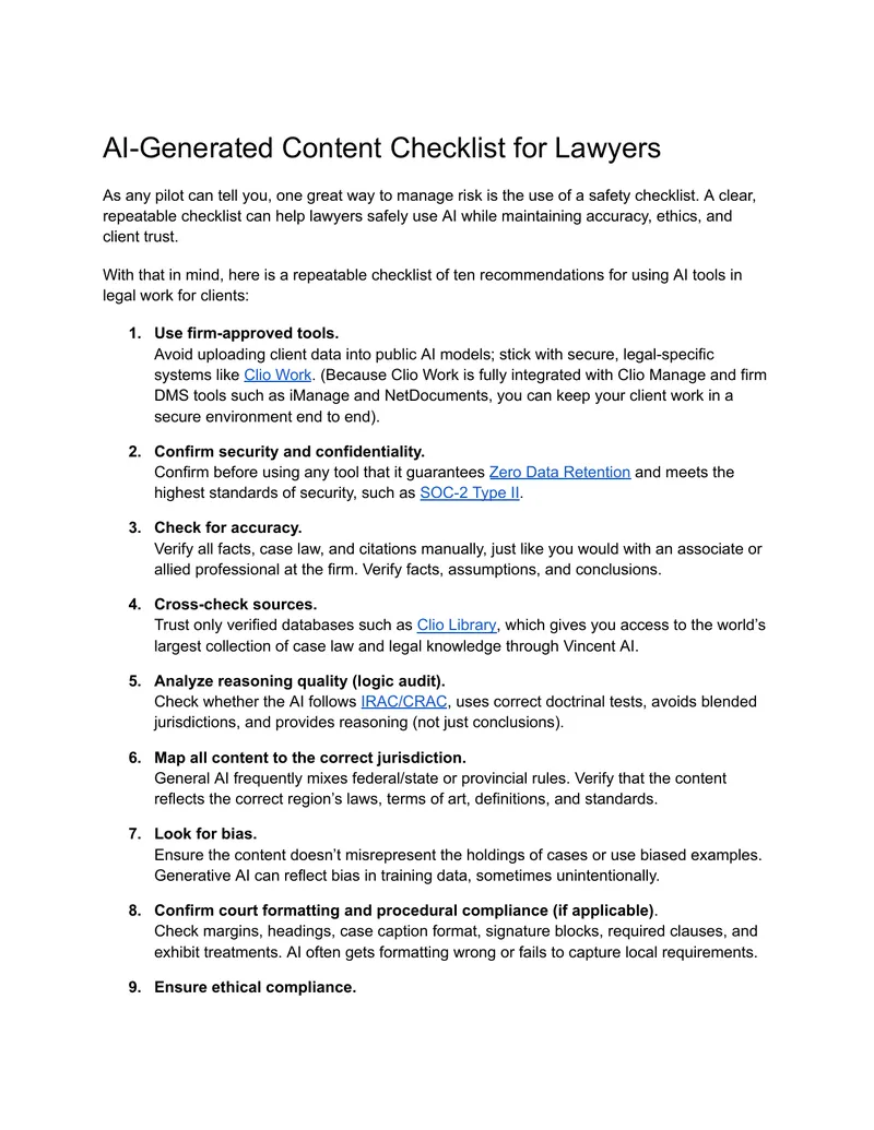 AI-Generated Content Checklist for Lawyers