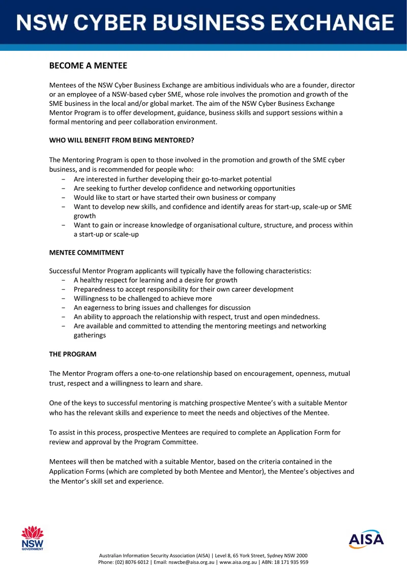 NSW Cyber Business Exchange Mentor Program Overview