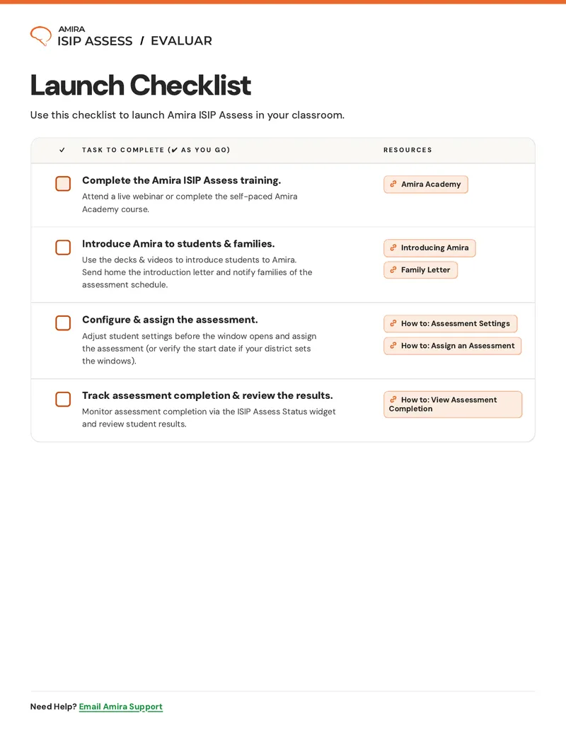Amira ISIP Assess Launch Checklist