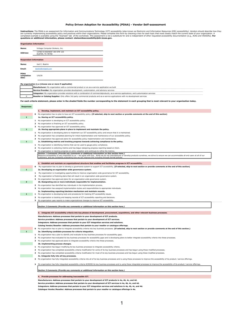 Policy Driven Adoption for Accessibility Vendor Self-assessment