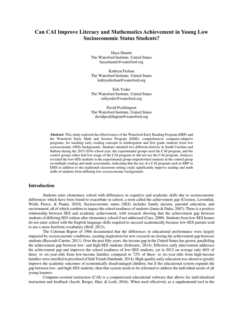 Impact of Computer-Assisted Instruction on Low SES Students