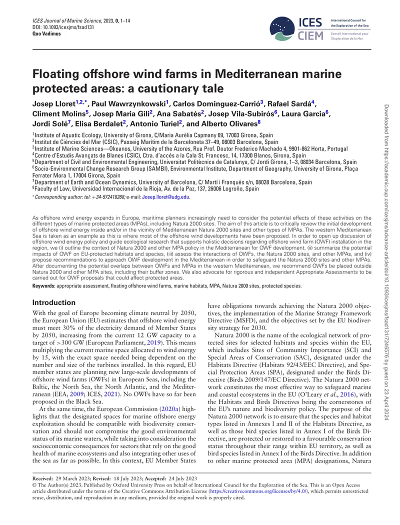 Floating Offshore Wind Farms in Mediterranean Marine Protected Areas