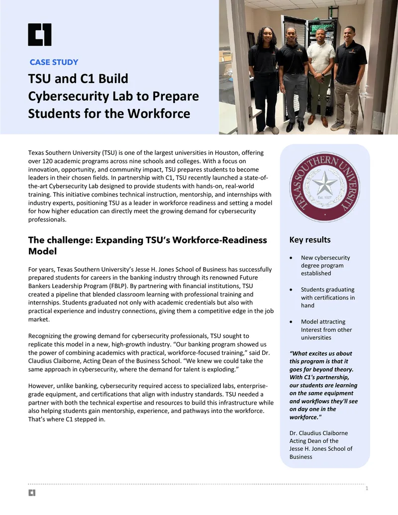 TSU and C1 Cybersecurity Lab Case Study