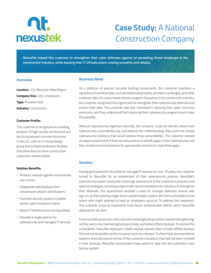 Cybersecurity Enhancement Case Study for Construction Company
