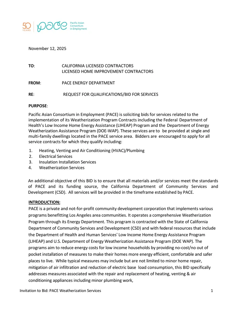 Invitation to Bid for PACE Weatherization Services