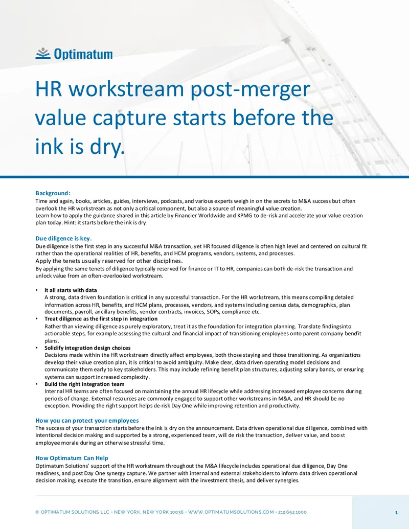 HR Workstream Integration in M&A Transactions