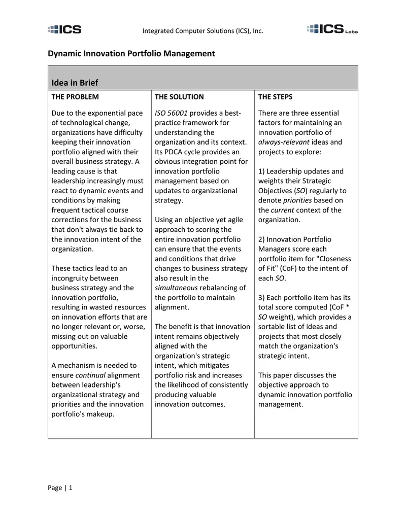 Dynamic Innovation Portfolio Management Framework