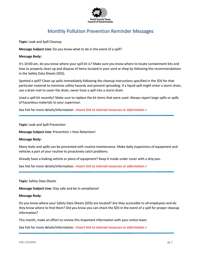 Monthly Pollution Prevention Reminder Messages