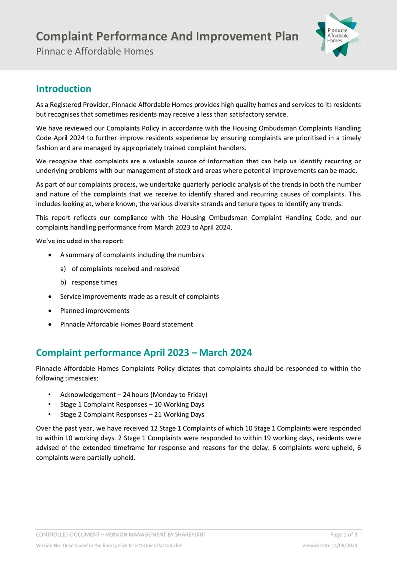 Complaint Performance and Improvement Plan