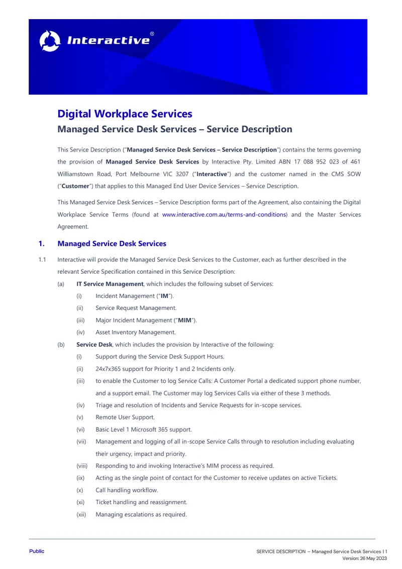 Managed Service Desk Services Description