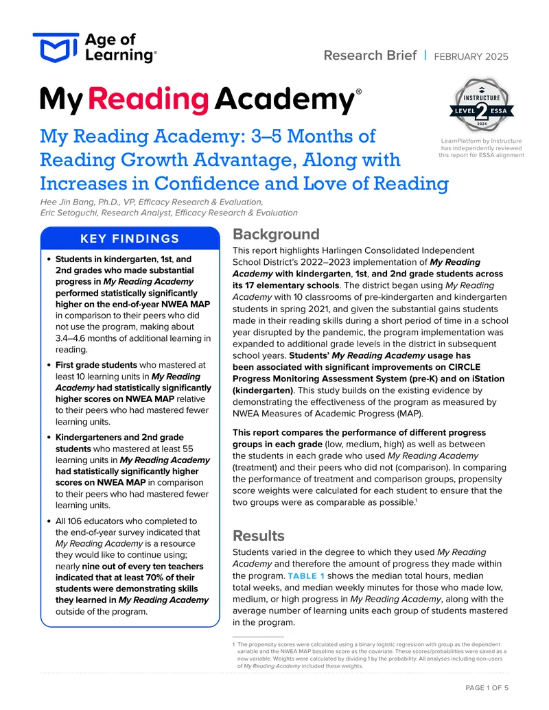 My Reading Academy Implementation and Outcomes Report