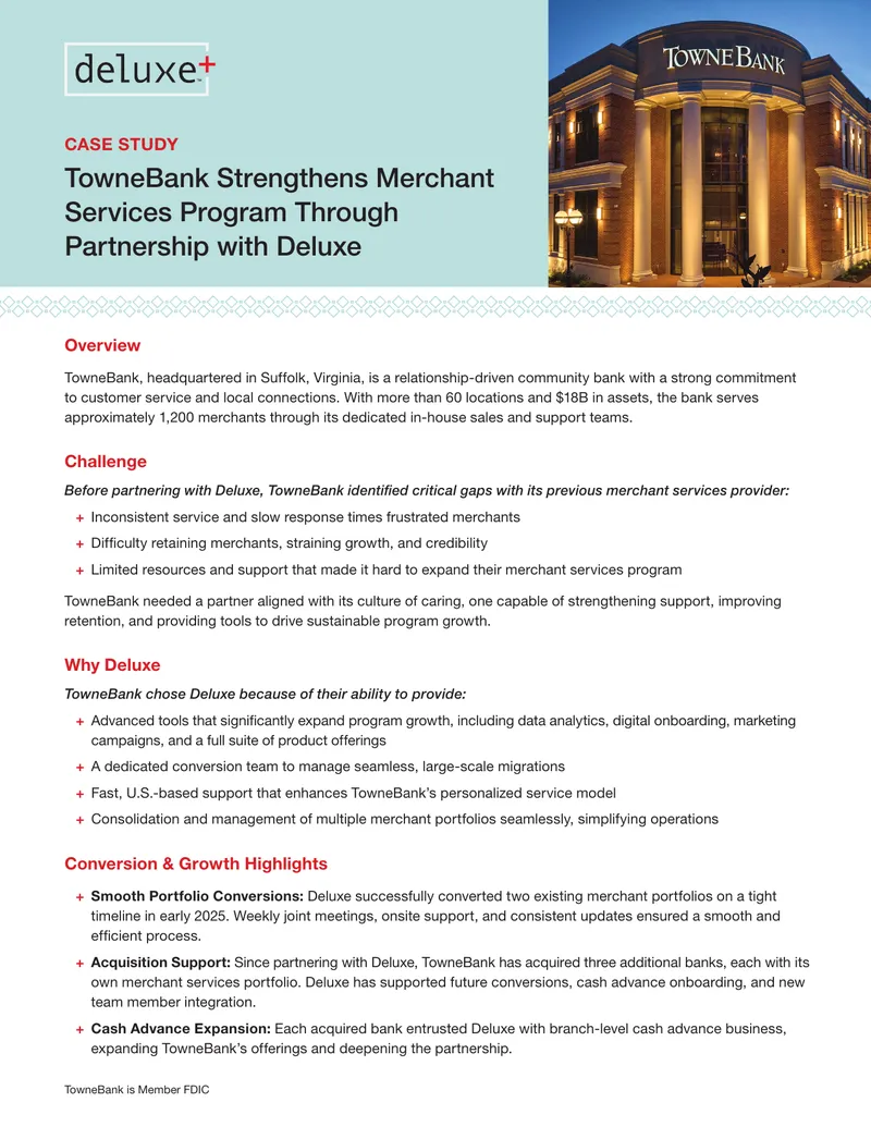 TowneBank Strengthens Merchant Services Program Through Partnership with Deluxe