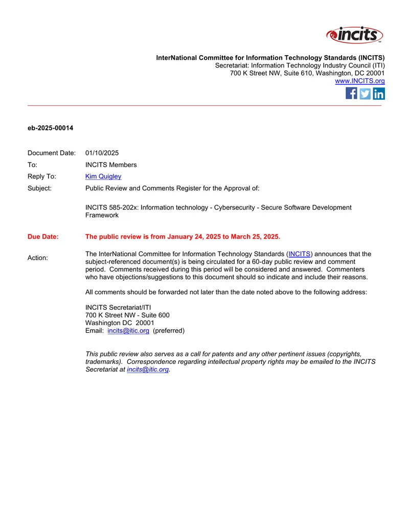 Public Review for INCITS 585 Cybersecurity Framework