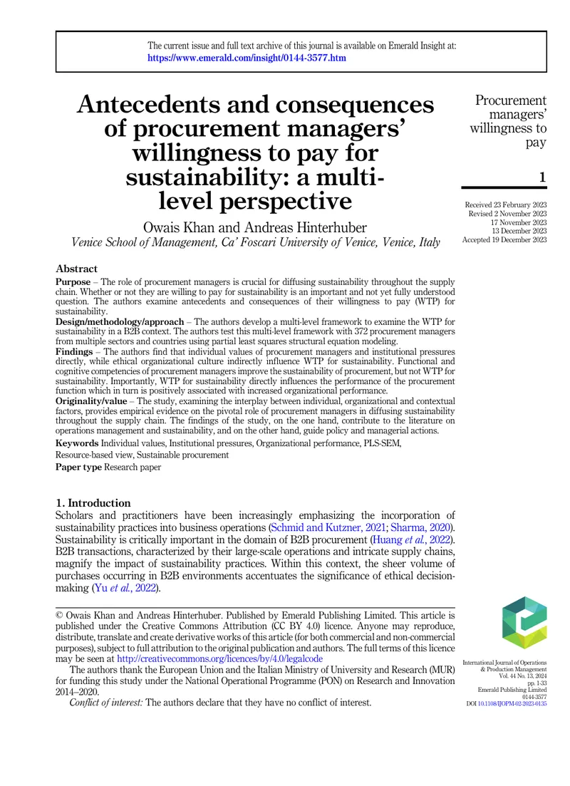 Antecedents and Consequences of Procurement Managers' Willingness to Pay for Sustainability