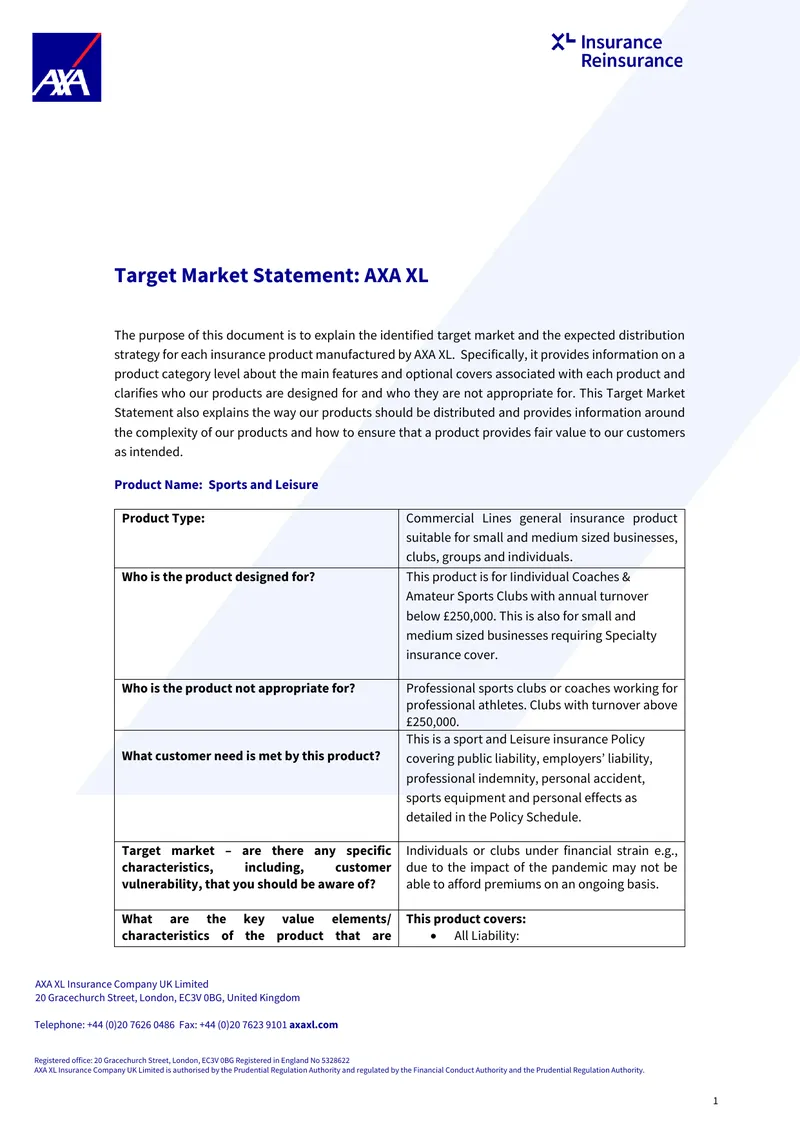 AXA XL Target Market Statement for Sports and Leisure Insurance