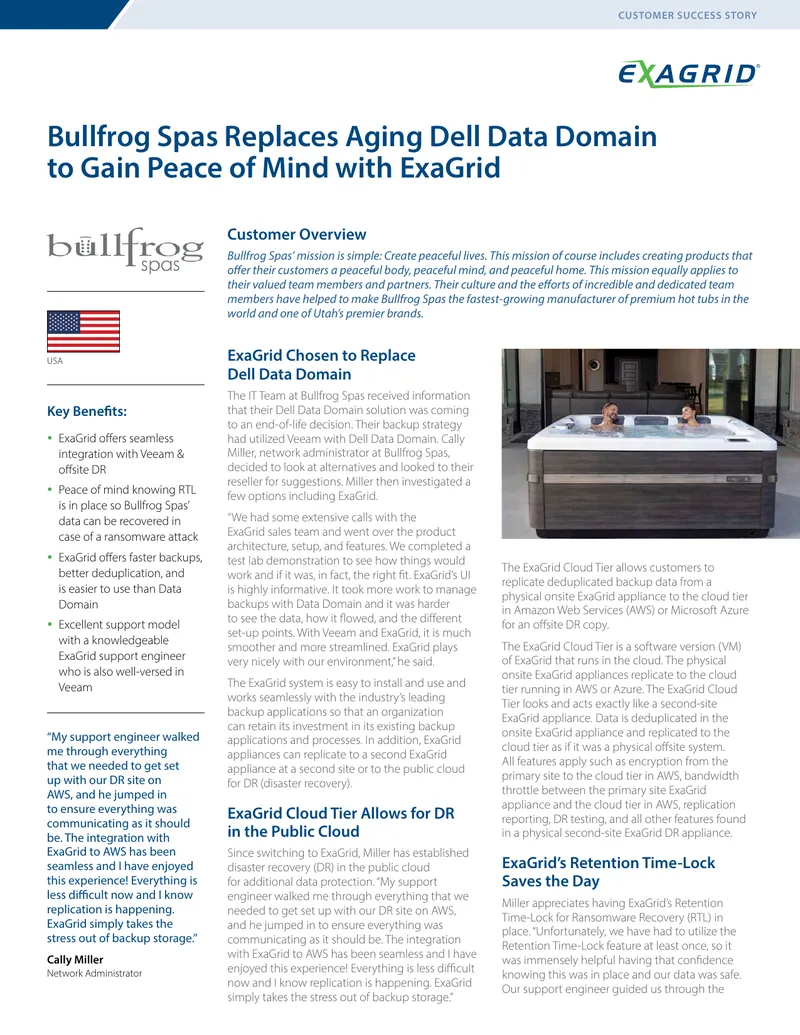 Bullfrog Spas Data Backup Solution Transition