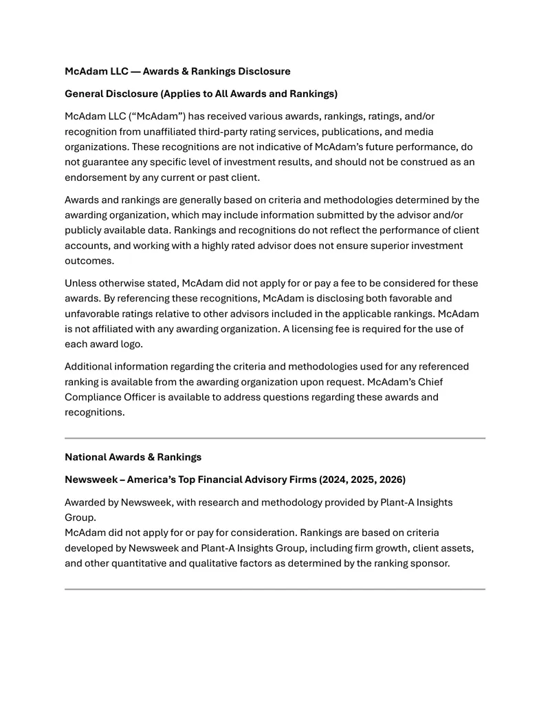 McAdam LLC Awards and Rankings Disclosure