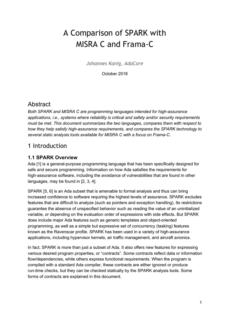 Comparison of SPARK and MISRA C Programming Languages
