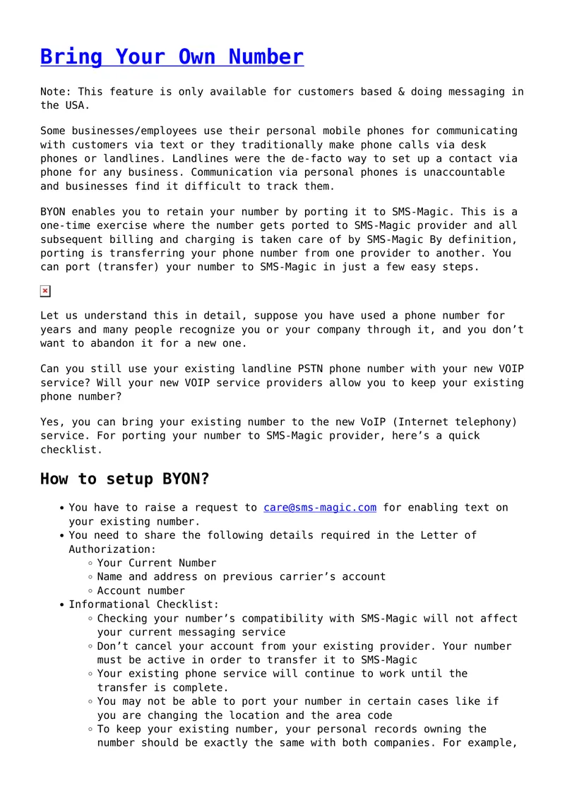 Bring Your Own Number Feature Guide