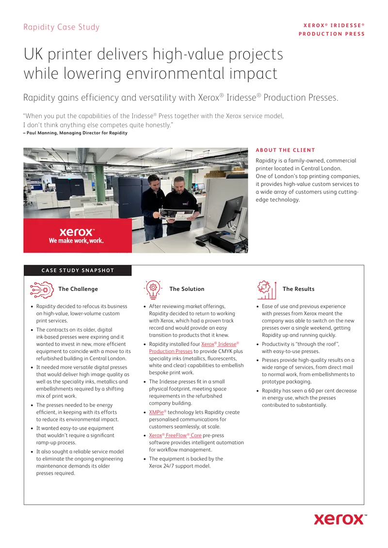 Rapidity Case Study on Xerox Iridesse Presses