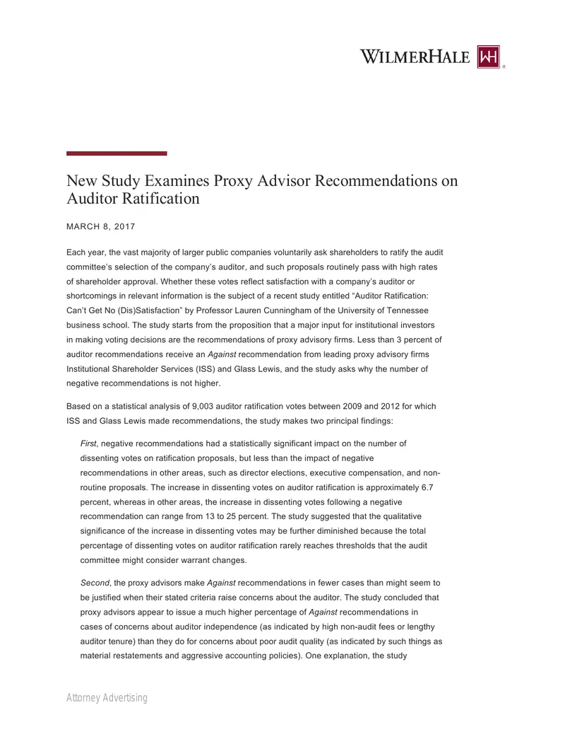 Study on Proxy Advisor Recommendations for Auditor Ratification