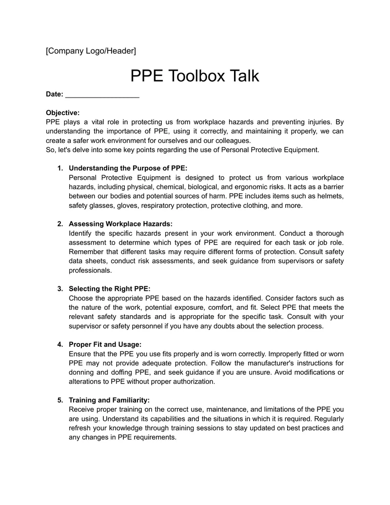 Personal Protective Equipment Toolbox Talk