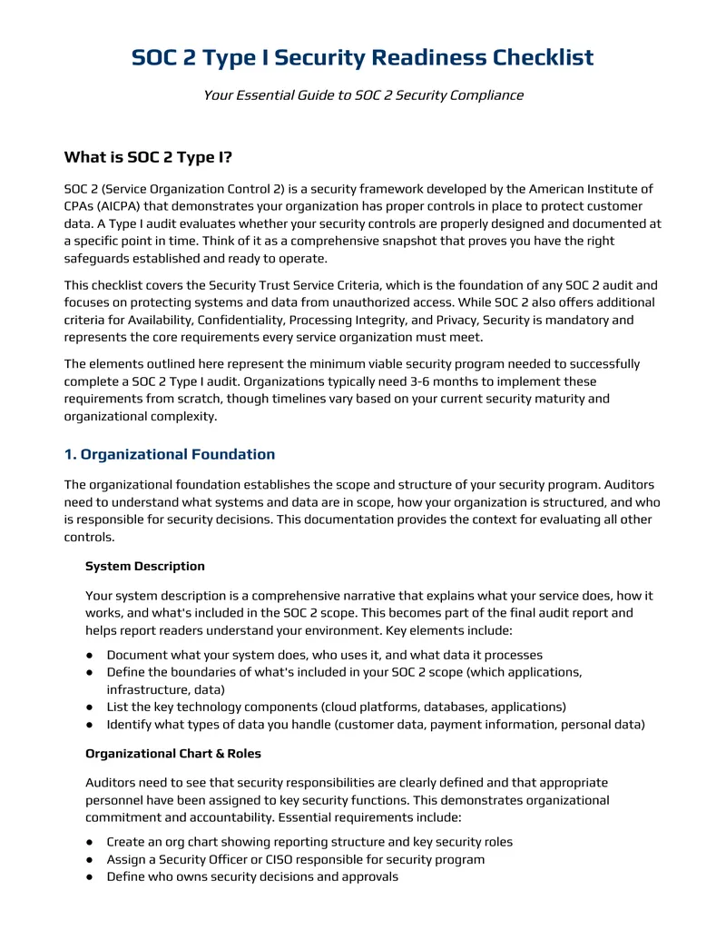 SOC 2 Type I Security Readiness Checklist