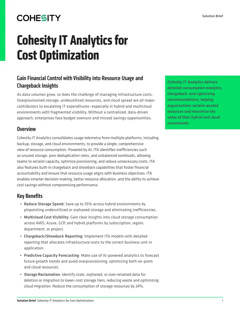 Cohesity IT Analytics for Cost Optimization