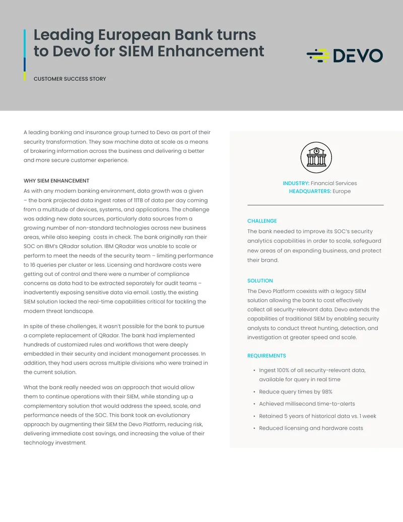 European Bank SIEM Enhancement with Devo Platform