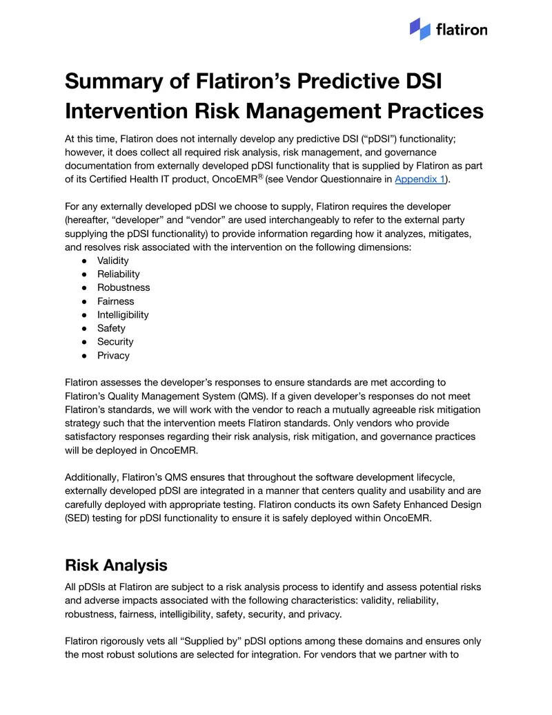 Flatiron Predictive DSI Intervention Risk Management Practices