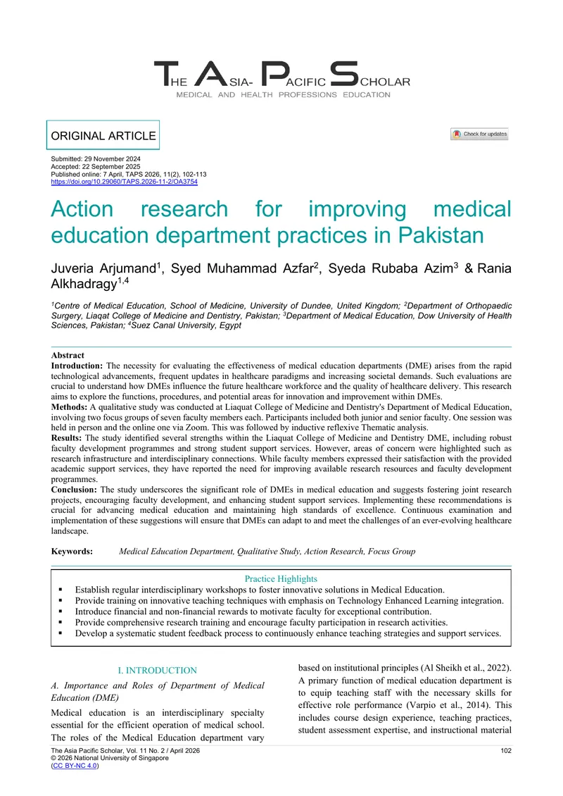 Action Research for Medical Education Improvement in Pakistan