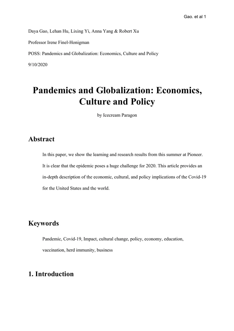 Pandemics and Globalization: Economics, Culture and Policy