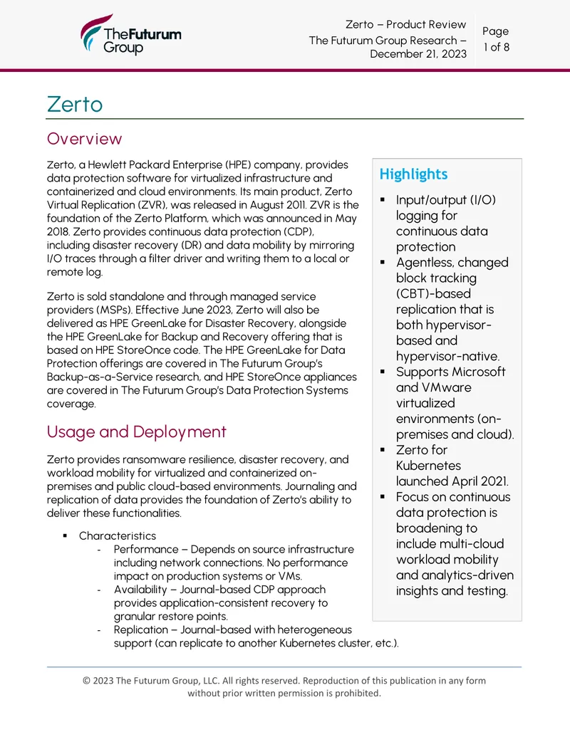 Zerto Product Review and Analysis
