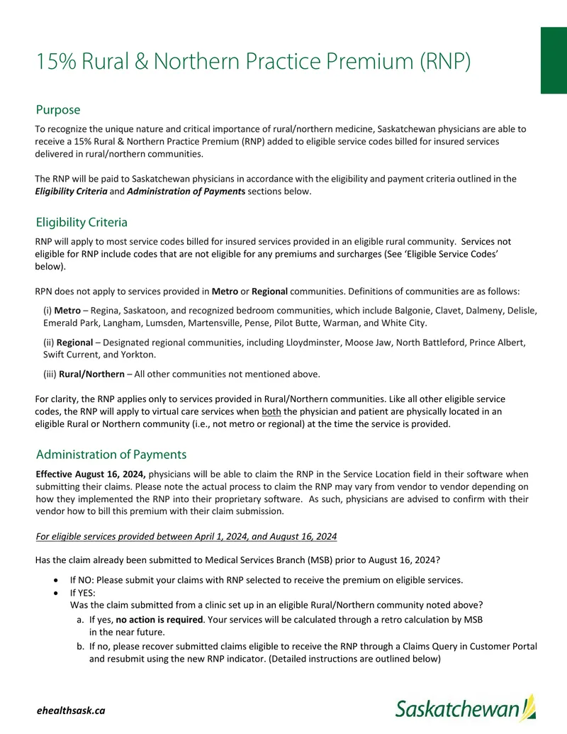 15% Rural & Northern Practice Premium Guidelines