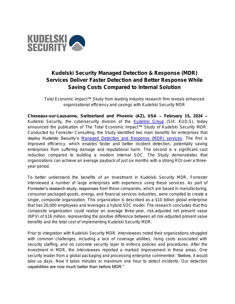 Total Economic Impact Study of Kudelski Security MDR