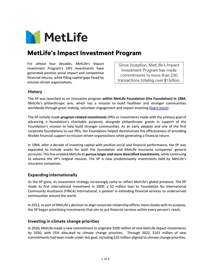 MetLife Impact Investment Program Overview