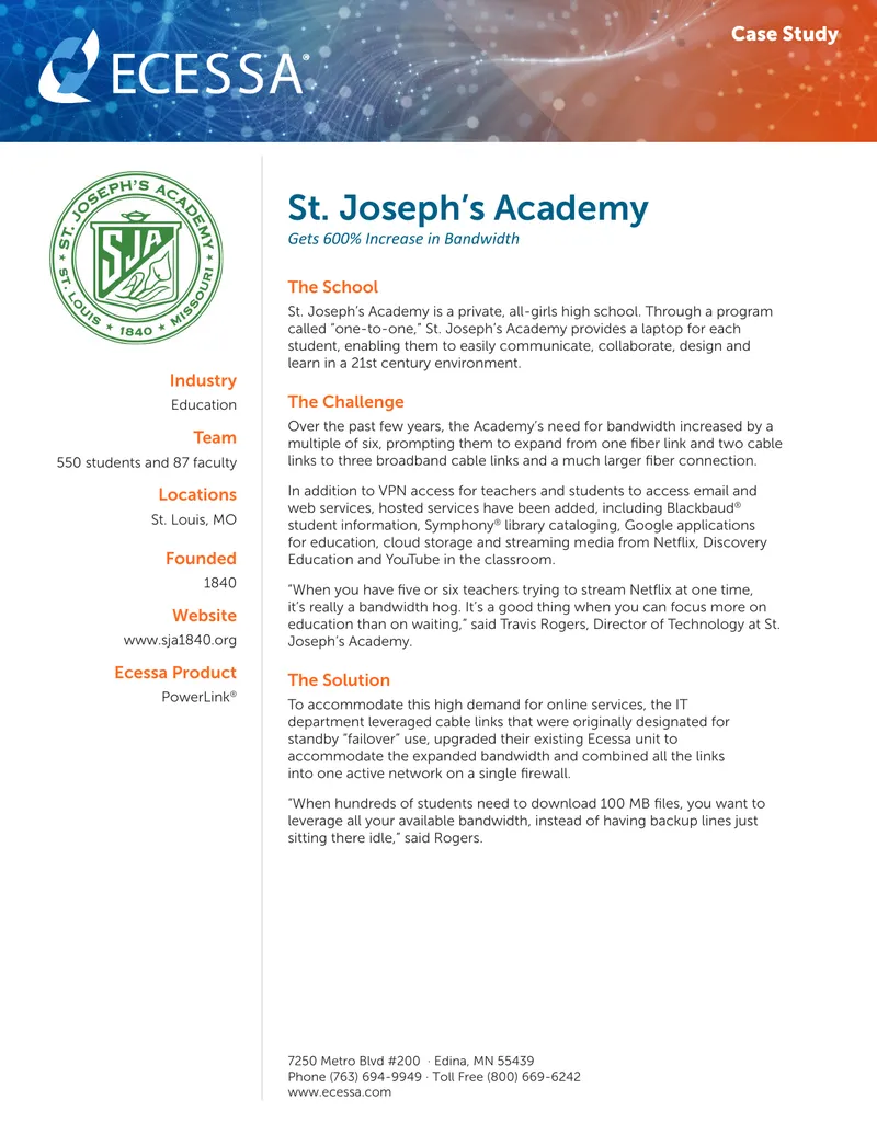 St. Joseph’s Academy Bandwidth Improvement Case Study