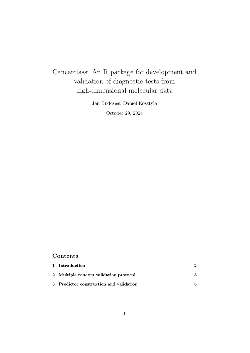 Cancerclass R Package for Diagnostic Test Validation