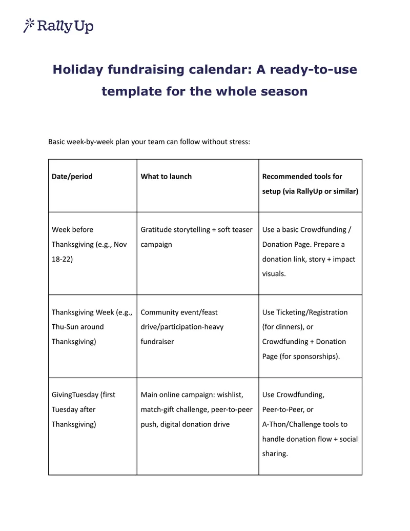 Holiday Fundraising Calendar Template