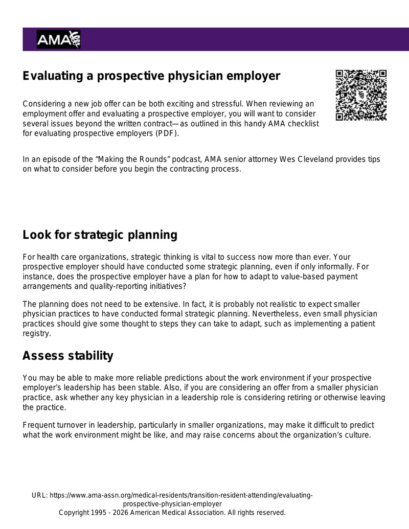 Evaluating a Prospective Physician Employer Guide