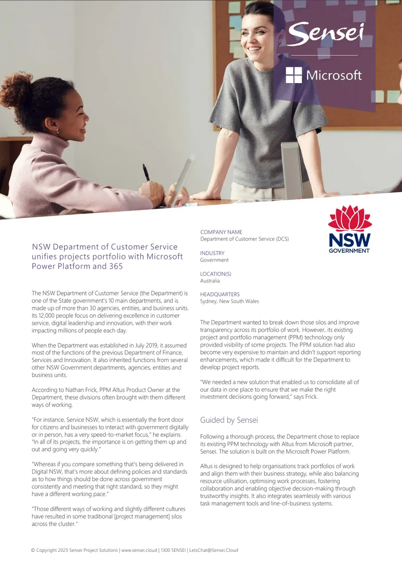 NSW Department of Customer Service Project Management Solution