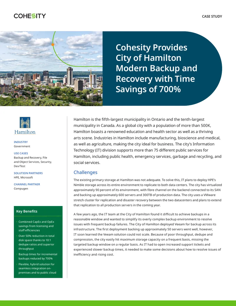 Cohesity Backup and Recovery Case Study for City of Hamilton