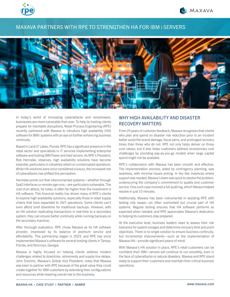 Maxava and RPE Partnership for High Availability Solutions